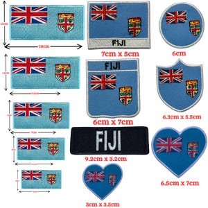 May include: A collection of Fiji flag patches in various shapes and sizes. The patches feature the Fiji flag design, including the Union Jack and the Fiji coat of arms. Sizes range from 1.2 inches to 7.1 inches in length.