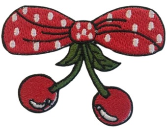 Cherry Bow Iron On Patch, Red Polka Dot Applique