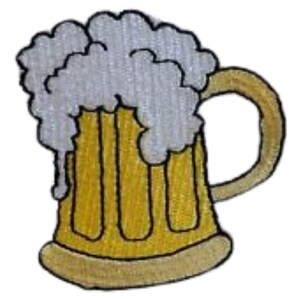 May include: A yellow and white embroidered patch of a beer stein with a foamy head.