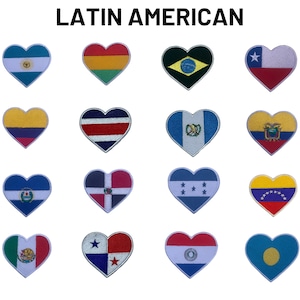 May include: A collection of 16 heart-shaped patches featuring the flags of Latin American countries. The patches are embroidered with the colors and symbols of each country's flag.