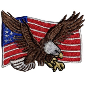 Può includere: Una toppa ricamata con un'aquila marrone che vola davanti a una bandiera americana rossa, bianca e blu.