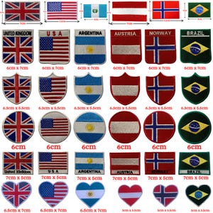 May include: A collection of embroidered fabric patches featuring national flags from the United Kingdom, USA, Argentina, Austria, Norway, and Brazil in rectangular, shield, circular, and heart shapes with visible dimensions in cm and inches.
