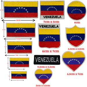 May include: A selection of embroidered Venezuela flag patches in various shapes. The patches feature the flag's design of yellow, blue, and red stripes, with a constellation of white stars. Sizes vary, with the largest being 18cm x 11cm.