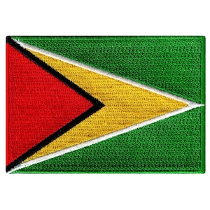 May include: A green, gold, black, and white embroidered patch featuring the flag of Guyana.