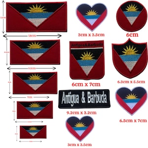 May include: A collection of Antigua and Barbuda flag patches in various shapes and sizes. The patches feature the flag's design: a rising sun, blue and white stripes, and a red border. Sizes range from 3 inches to 7 inches in length.
