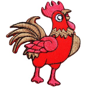 May include: Red embroidered iron-on patch of a rooster with a brown tail and a white eye.