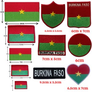 May include: A set of 10 iron-on patches featuring the flag of Burkina Faso in various shapes and sizes. The patches are red, green, and yellow with a yellow star in the center. The patches are available in sizes ranging from 6.5 cm x 7 cm to 18 cm x 11 cm.