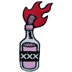 May include: Embroidered patch featuring a stylized Molotov cocktail design. The patch depicts a bottle with pink liquid, a black outline, and the letters "XXX". A red flame erupts from the bottle's top, creating a bold visual.