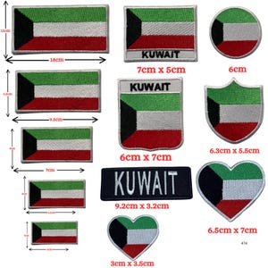 May include: A selection of Kuwait flag patches in different shapes and sizes. The patches display the flag's colours: green, white, black, and red. Sizes vary from 3 cm x 3.5 cm to 18 cm x 11 cm. Some patches include the word "KUWAIT".