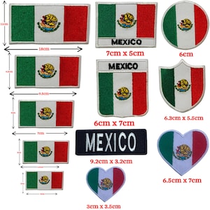 May include: A selection of embroidered patches displaying the Mexican flag in diverse forms. These include rectangular, shield, circular, and heart shapes. The flag design incorporates green, white, and red stripes, with the Mexican coat of arms at the centre. The patches vary in size, ranging from 3 cm to 18 cm in length.