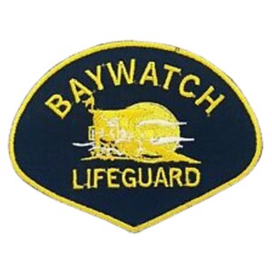May include: A yellow and blue embroidered patch with the words "BAYWATCH LIFEGUARD" and a depiction of a lifeguard tower.