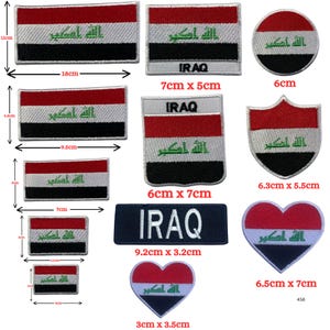 May include: A collection of embroidered patches featuring the Iraqi flag design. The patches vary in shape and size, including rectangular, circular, and heart-shaped. The flag design includes red, white, and black stripes with green Arabic text. Sizes range from 1.2 inches to 7 inches.