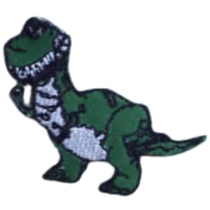May include: Green embroidered dinosaur patch with white teeth and a white belly.