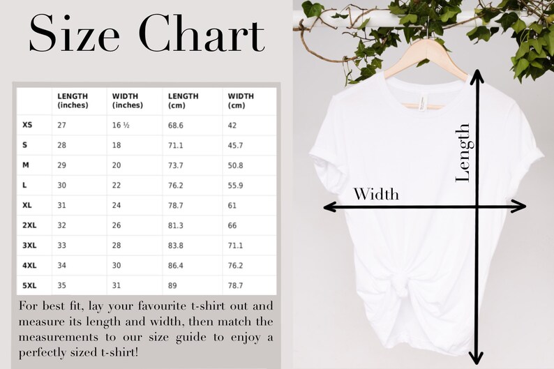 Pu&ograve; includere: Tabella delle taglie per una t-shirt con misure in pollici e centimetri. La tabella mostra la lunghezza e la larghezza della t-shirt in pollici e centimetri per le taglie XS a 5XL.