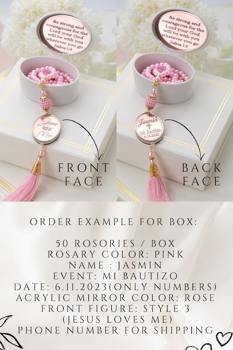 May include: A pink rosary with a gold charm that says "Jesus Loves Me" on the front and "Jasmin Mi Bautizo 6.11.2023" on the back. The rosary is in a white box with a pink tassel.