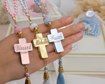 Personalized Baptism Rosary Favor, Pearl Beads, Engraved Acrylic Cross