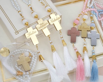 Personalized Baptism Rosary Favors, Acrylic Cross, Christening Gift
