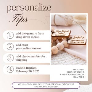 May include: Wooden tags with personalized text for baptism, christening, and first communion. The image includes instructions for ordering, with the text "personalize Tips" and "We will copy and paste your personalization text".