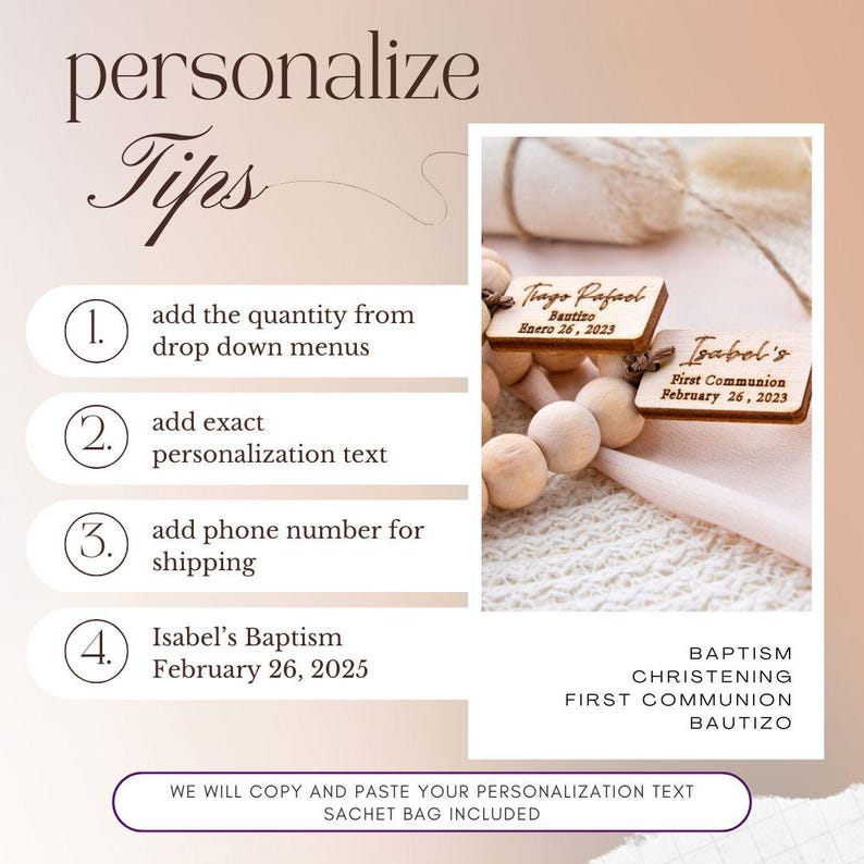 May include: Wooden tags with personalized text for baptism, christening, and first communion. The image includes instructions for ordering, with the text "personalize Tips" and "We will copy and paste your personalization text".