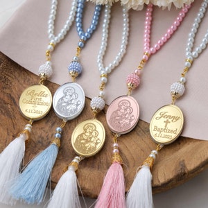 Personalized Gifts for Baptism, Christening or First Communion, Pearl Rosary Baptism Favors with Personalized Charm, Baptism Guest Gift
