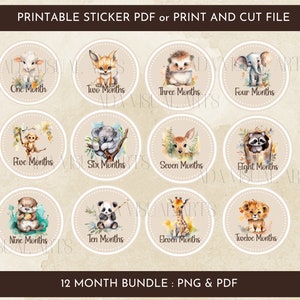 Jalon mensuel bébé PNG, stickers bébé jalon mensuel, aquarelle animaux jalon mensuel, jalon mensuel PDF, jalon imprimable