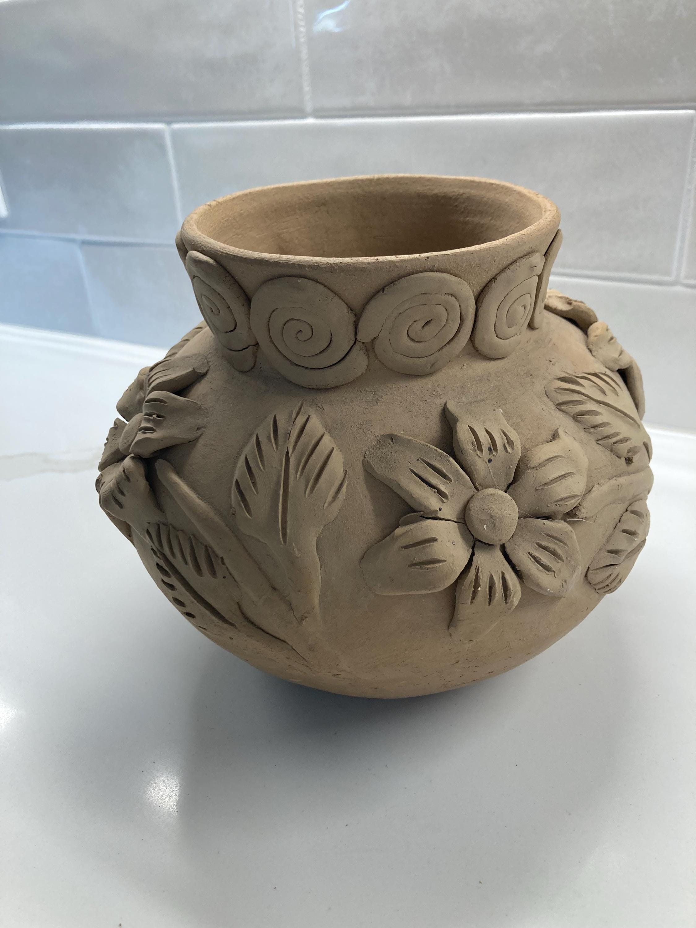 Natural Clay Rustic Round Vase With Applied Leaves, Flowers and Spirals ...