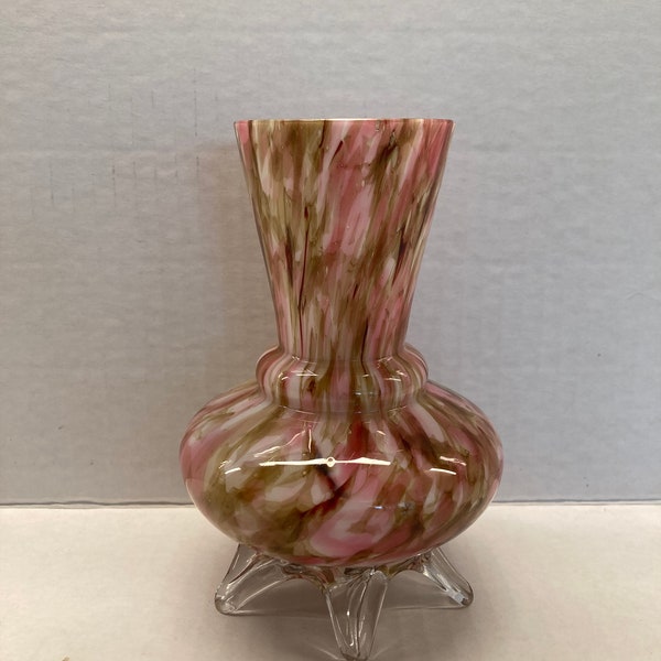 Splatter/Spatter blown art glass footed vase, pink, brown and white