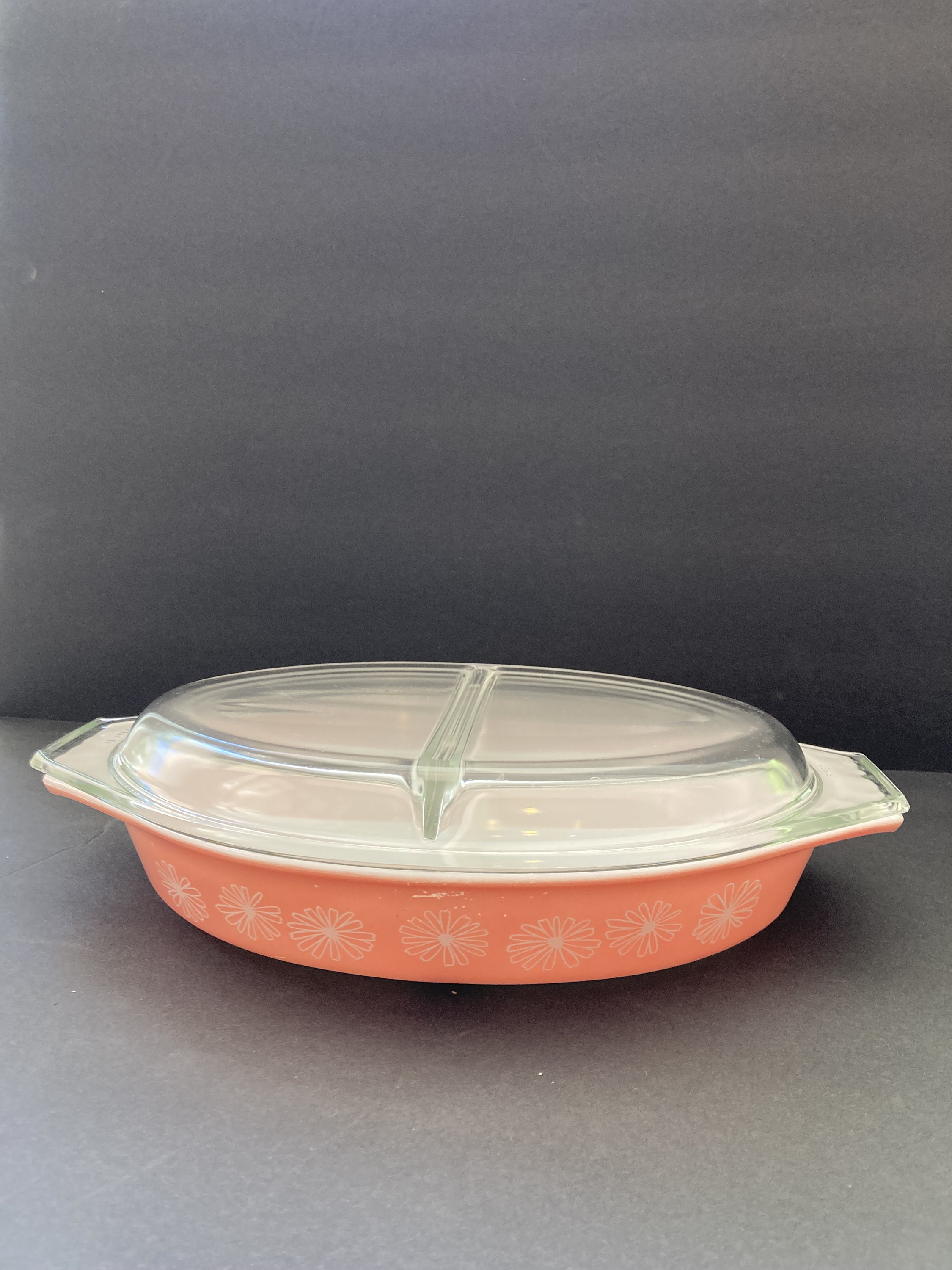 Pyrex Pink Daisy Divided Casserole Dish and Lid Vintage 1950s
