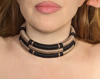 Black African Choker, Statement Necklace, Handmade Jewelry, Elegant Neck ring, Boho Necklace, Black Choker, Beige Necklace