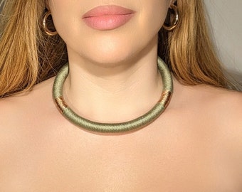 Olive Green & Bronze Thread Necklace, Handmade Jewelry, Elegant Neck ring, Summer Necklace