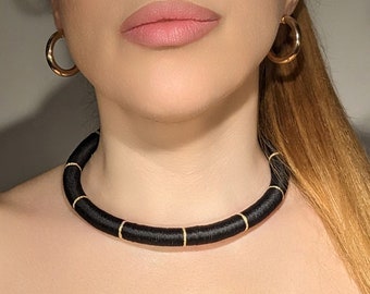 Black & Gold Choker, Cotton thread wrapped, Handmade Jewelry, Sparkling, Elegant Neck ring, Black Necklace, Gold Necklace