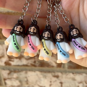Little Jesus Figurines Keychains | Mini Jesus | Miniature Jesus Loves You | Everyone Needs A Little Jesus | Mini Pastel Jesus Keychains