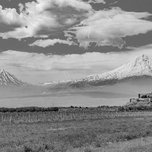Puede incluir: Una fotografía en blanco y negro de un monasterio en la distancia con montañas cubiertas de nieve en el fondo. El monasterio está rodeado de un campo de viñedos.