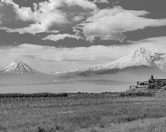 Mount and Monastery. Black and white photo mountain and church. Digital print, Wall art and decor, Poster, interior, decor, home wall design