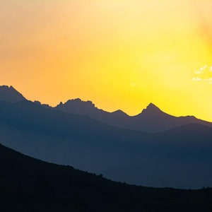 High mountains and golden sunset. Nature landscape. Sunrise wall art decor. Sunset digital print. Orange sky. Mount peak. Sunrise and sunset