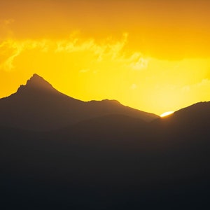 High mountains and golden sunset. Sunset photo print. Sunrise wall art decor. Sunset digital print. Orange sky and rocky mount photo. Nature