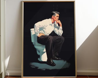 Man On Toilet Art Print Nostalgic Restroom Poster Retro Bathroom Decor (Digital Download)