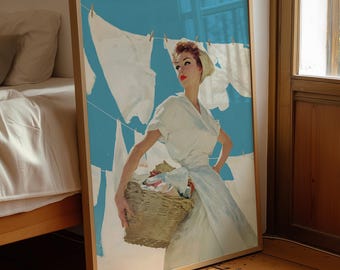 Retro Housewife Laundry Print – Mid-Century Utility Room Poster (Digital Download)