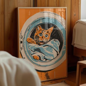 Digital cat illustration of a funny orange tabby in a washing machine. Vintage laundry room decor and washroom wall art in midcentury modern style.