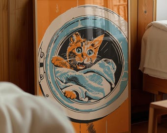 Laundry Room Decor Funny Cat Poster Washroom Wall Art Midcentury Modern Print (Digital Download)