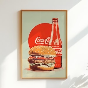 Retro burger and Coca-Cola bottle illustration with red circle background — coca cola poster, vintage coke poster, retro food art, 1950s wall decor.