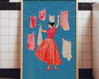 Blue and Pink Laundry Art Bathroom Wall Art Utility Room Decor Digital Print