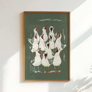 Illustration of a shouting seagull flock — seagull print, funny bathroom art, toilet wall art, sea bird decor.