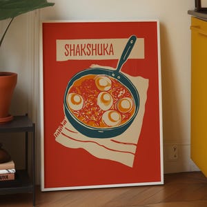 Pôster de Shakshuka, Arte Minimalista de Comida, Arte de Parede para Bistrô, Cozinha de Meados do Século, Impressão Digital
