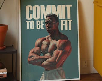 Póster retro de gimnasio con arte vintage de fitness y hombre musculoso, decoración masculina (descarga digital).
