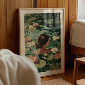 Donna che nuota, gigli vintage, arte botanica per il bagno, stampa rilassante, decorazione per casa sul lago, stampa digitale