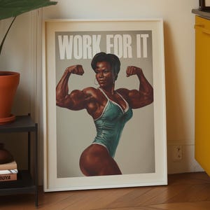 Midcentury Modern Style Gym art print depicting a strong black woman and a motivation quote "Work for it", perfect workout room decor for women.
