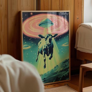 Futuristic Decor 1950s Sci-fi UFO Gift Space Age Wall Art Cow Abduction (Digital Download)
