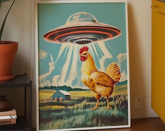 Lámina artística divertida de un pollo secuestrado por extraterrestres, decoración retro de estilo rústico (descarga digital)