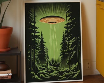 Fliegende Untertasse Print UFO im Wald Poster Atomic Age Alien-Invasion Kunst (Digitaler Download)